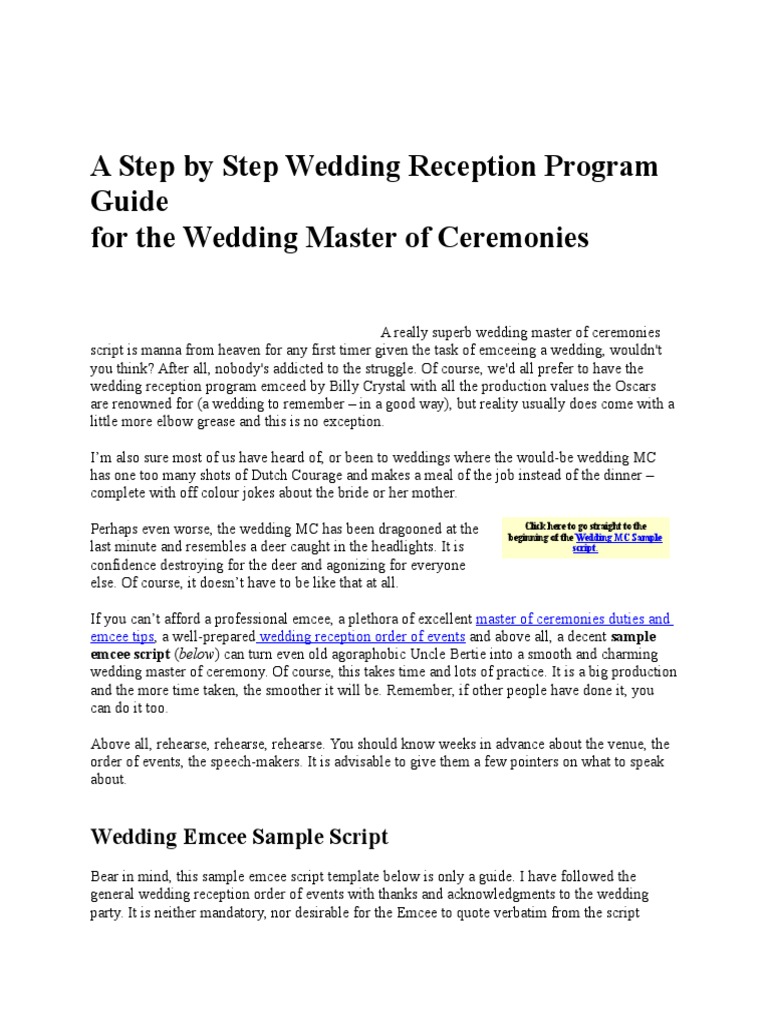 Wedding Reception MC Program Guide | PDF | Groomsman | Wedding