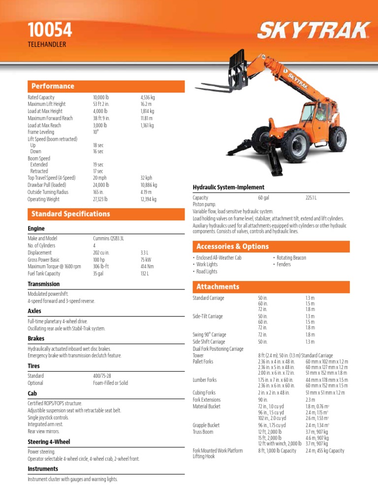 SkyTrak 10054 Telehandler Spec Sheet PDF Steering Transmission