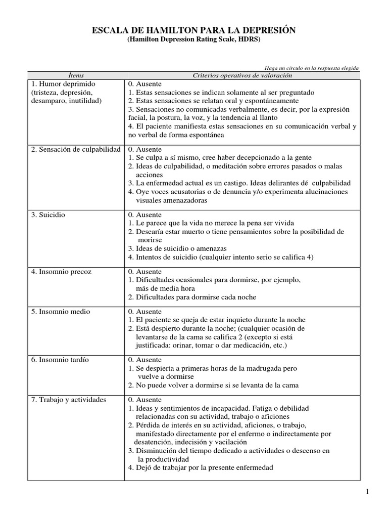 Escala de Hamilton para la Depresión | PDF | Depresión (estado de ánimo ...