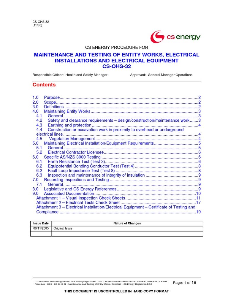Inspection and testing plan of electrical equipment procedure May 2013