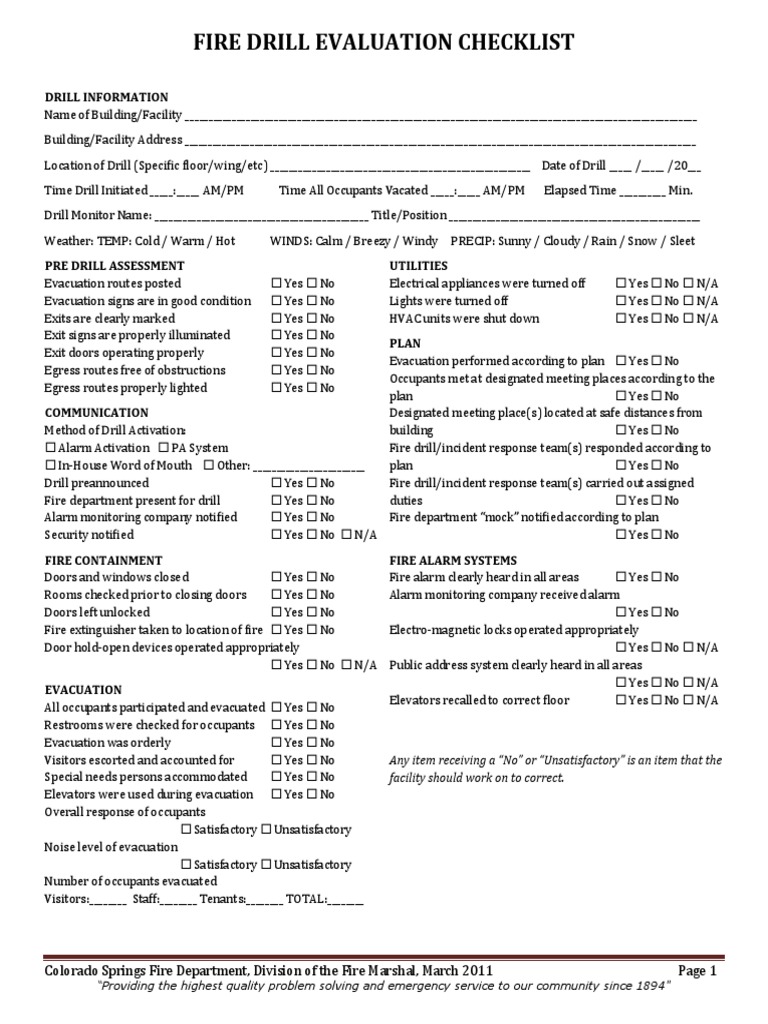Fire Drill Evaluation Checklist  Emergency Evacuation  Fire Safety Pertaining To Emergency Drill Report Template
