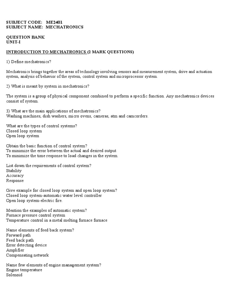 Me2401 Mechatronics - 2 Marks With Answer | PDF | Programmable Logic ...