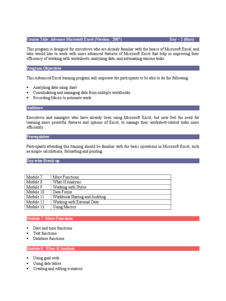 Course Title: Advance Microsoft Excel (Version: 2007) Day - 2 (8hrs) | PDF
