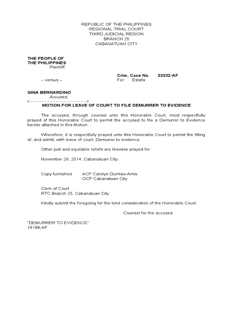 Motion for Leave of Court to File Demurrer to Evidence