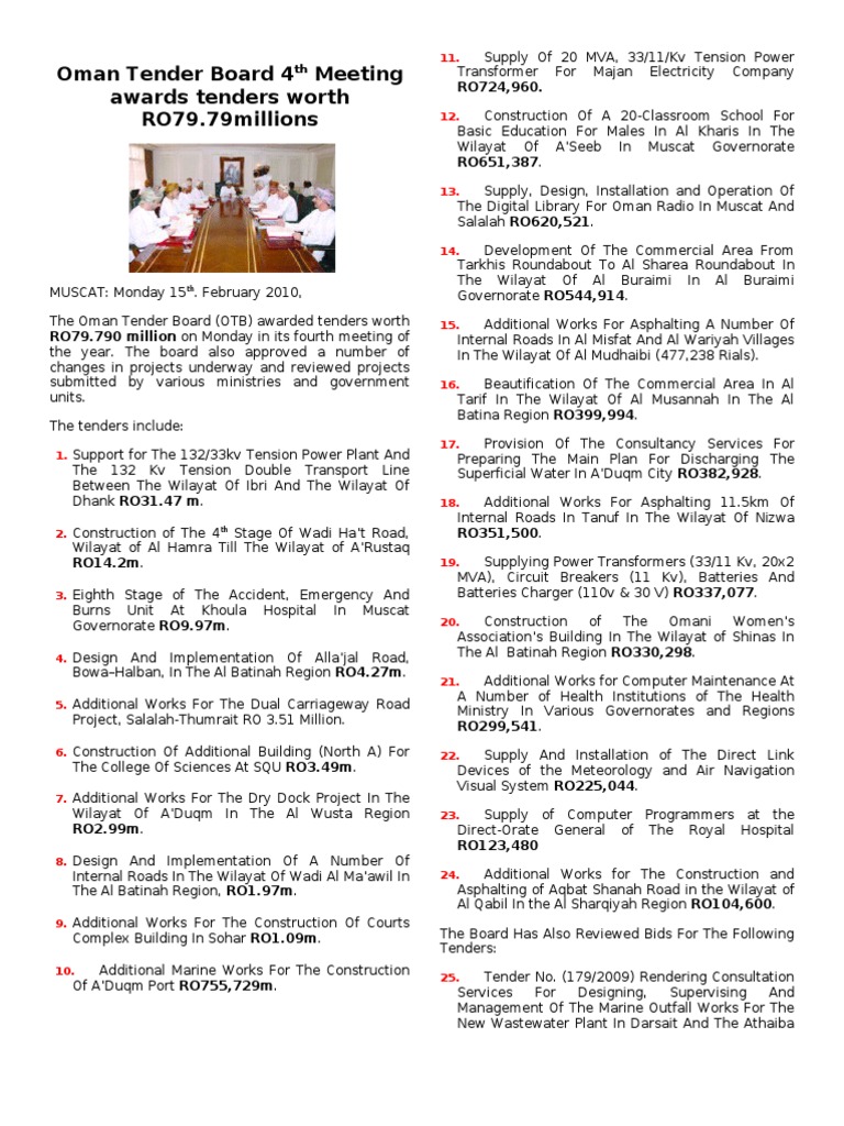 Oman Tender Board 4th Meeting Awards Tenders Worth RO79 Oman Water