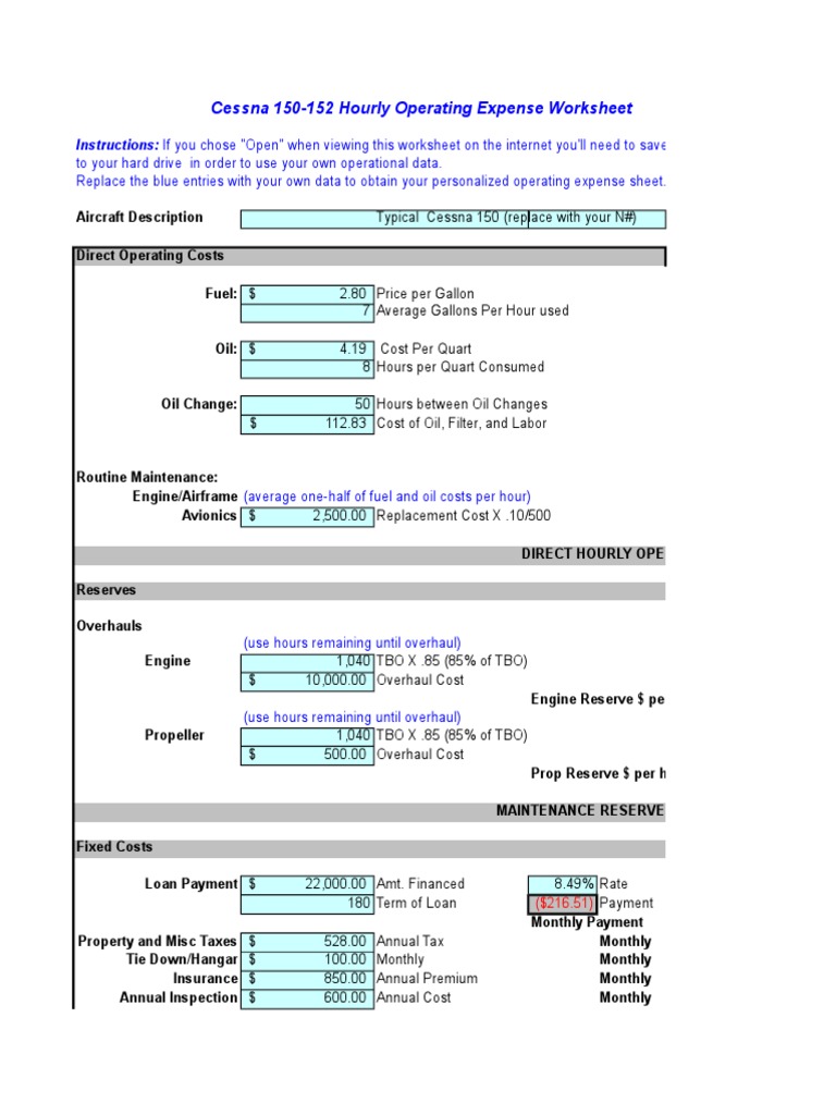 Cessna 150-152 Operating Cost Worksheet | PDF
