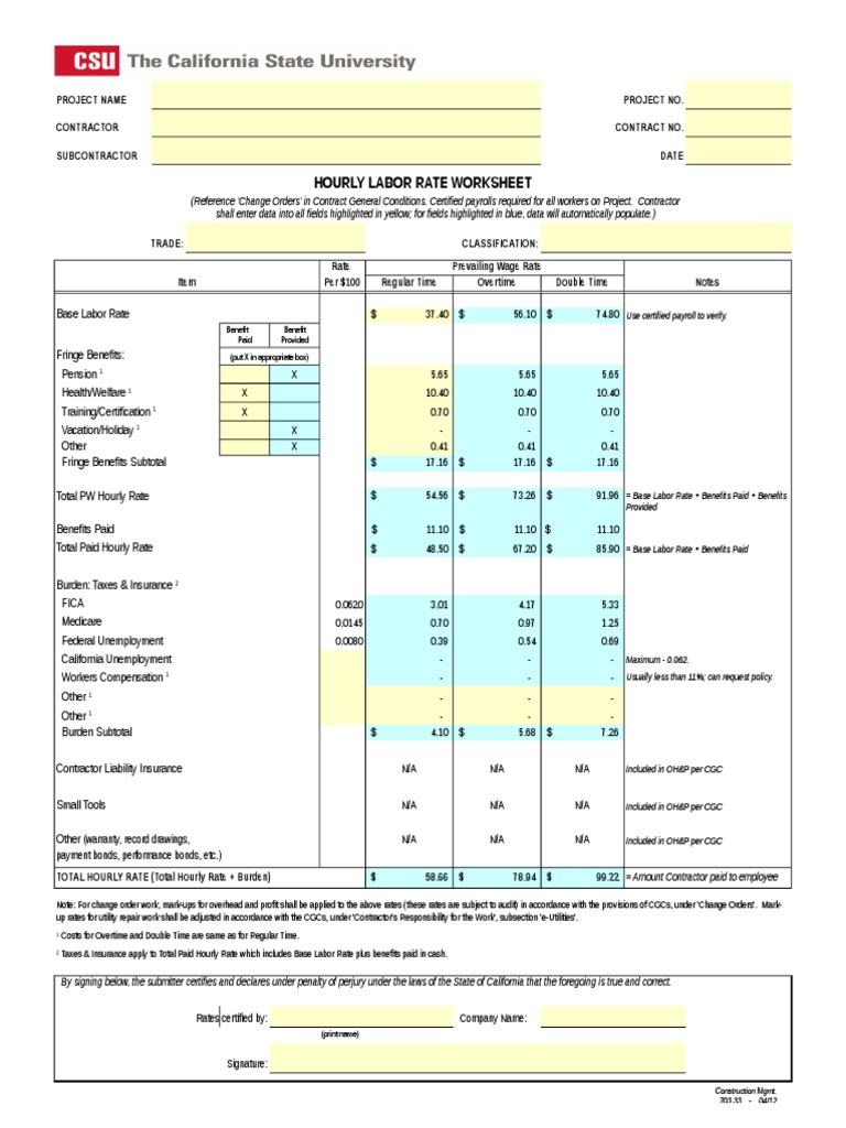 Co Hourly Labor Rate Worksheet | PDF | Employee Benefits | Welfare