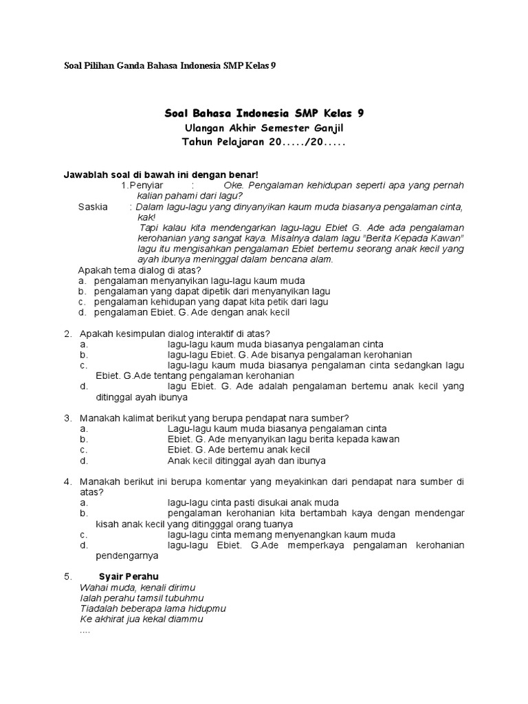 Soal Bahasa Indonesia Smp Kelas 9 2010 2011 Ok