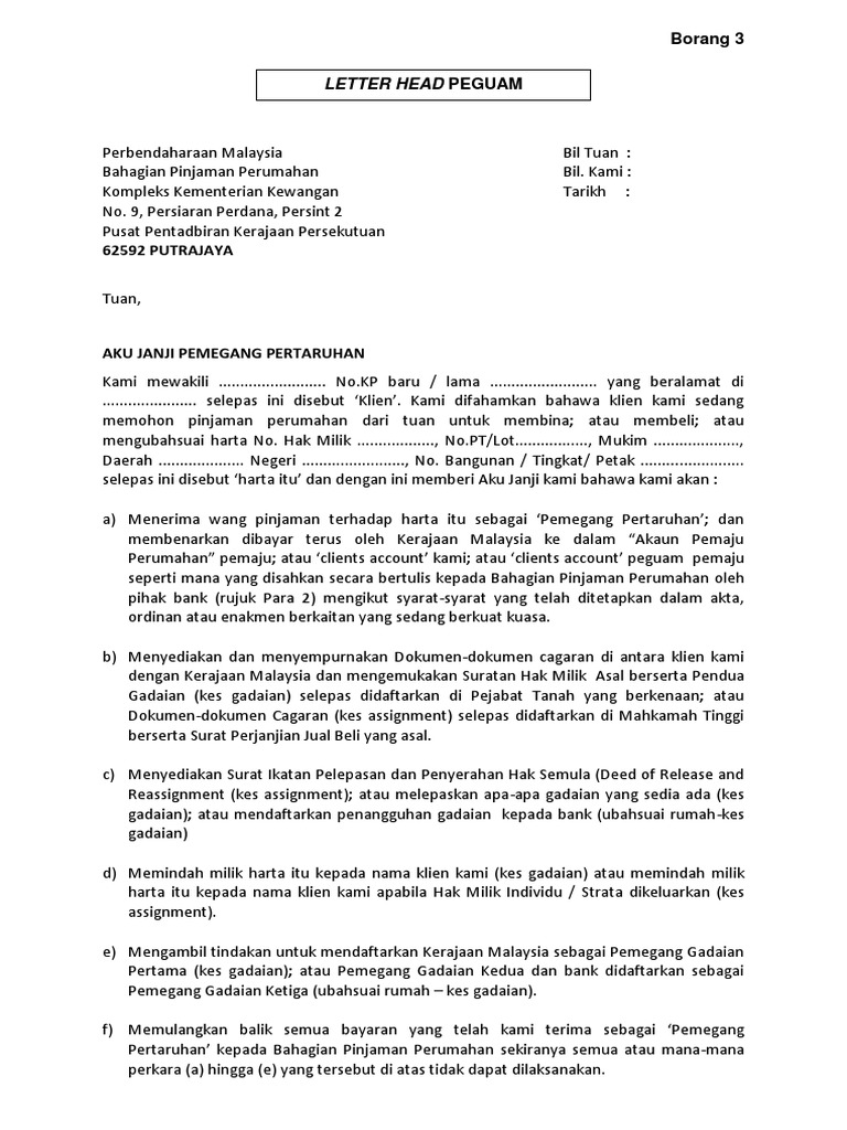 Contoh Surat Pelepasan Lot Bumi Daripada Pemaju