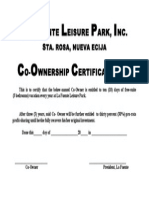 Co-Ownership Certificate for La Fuente Leisure Park Vacation Homes
