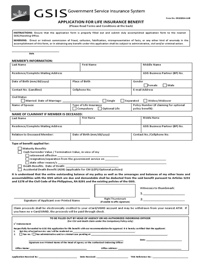 Form No 03102014 ALIB Life Insurance Benefits Life