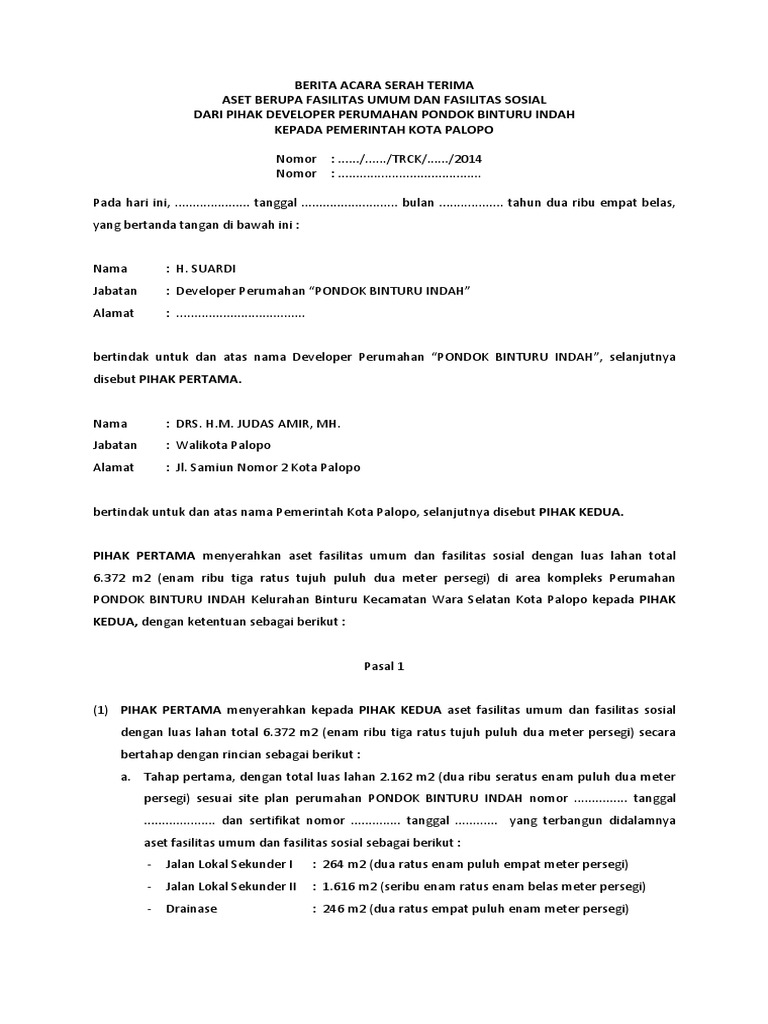 Berita Acara Serah Terima Fasum Fasos Pdf