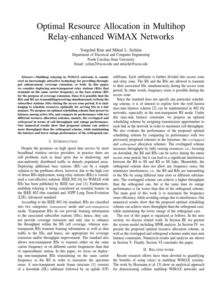 Optimal Resource Allocation in MultihopwcncOptimal Relay-Enhanced WiMAX ...