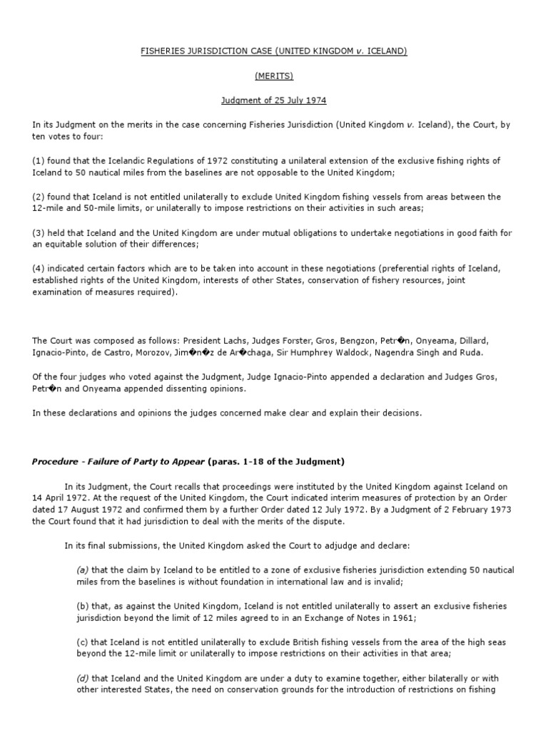 Fisheries Jurisdiction Case Pdf Territorial Waters Judgment Law