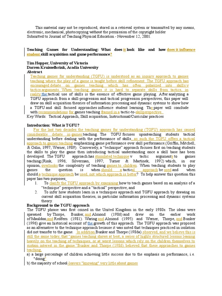 Teaching Games For Understanding Pdf Expert Learning