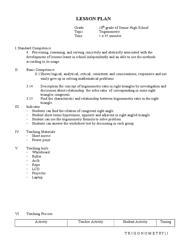 Trigonometry Lesson Plan for 10th Grade | PDF | Trigonometry ...