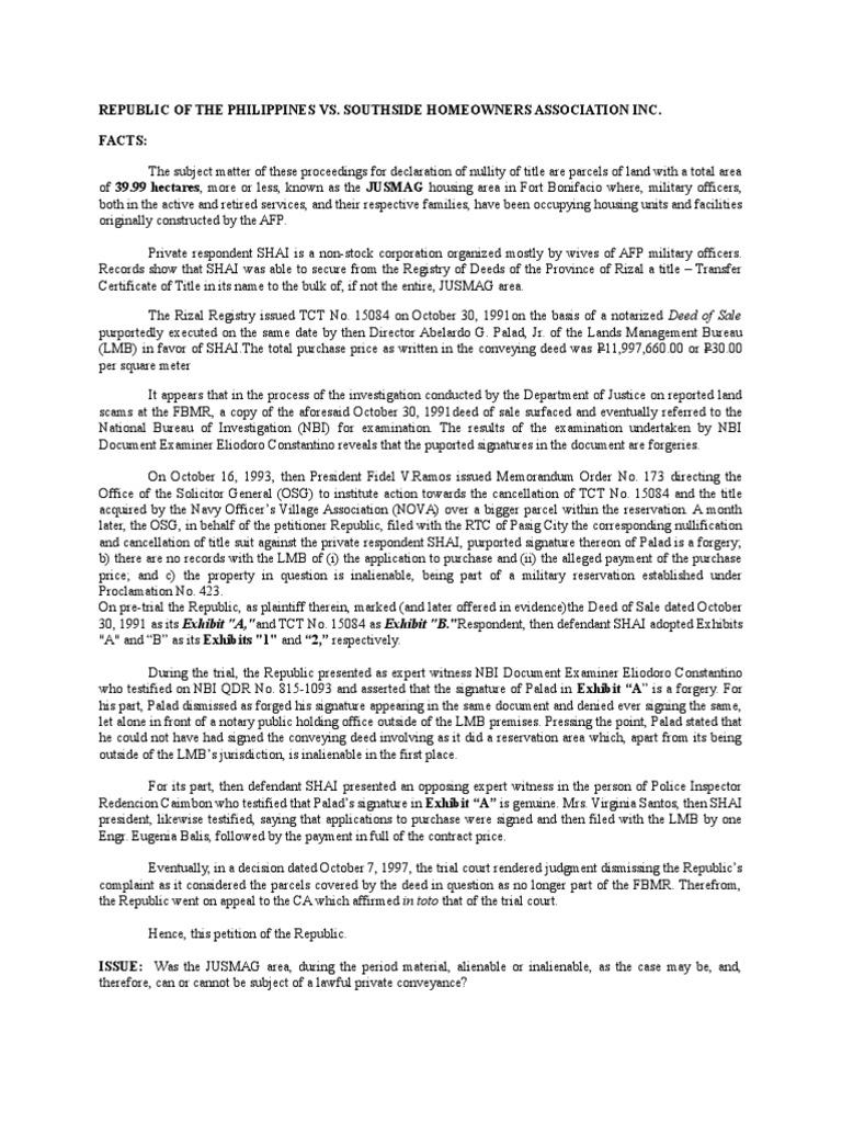 Republic of the Philippines vs SOUTHSIDE HOMEOWNERS ASSOCIATION INC