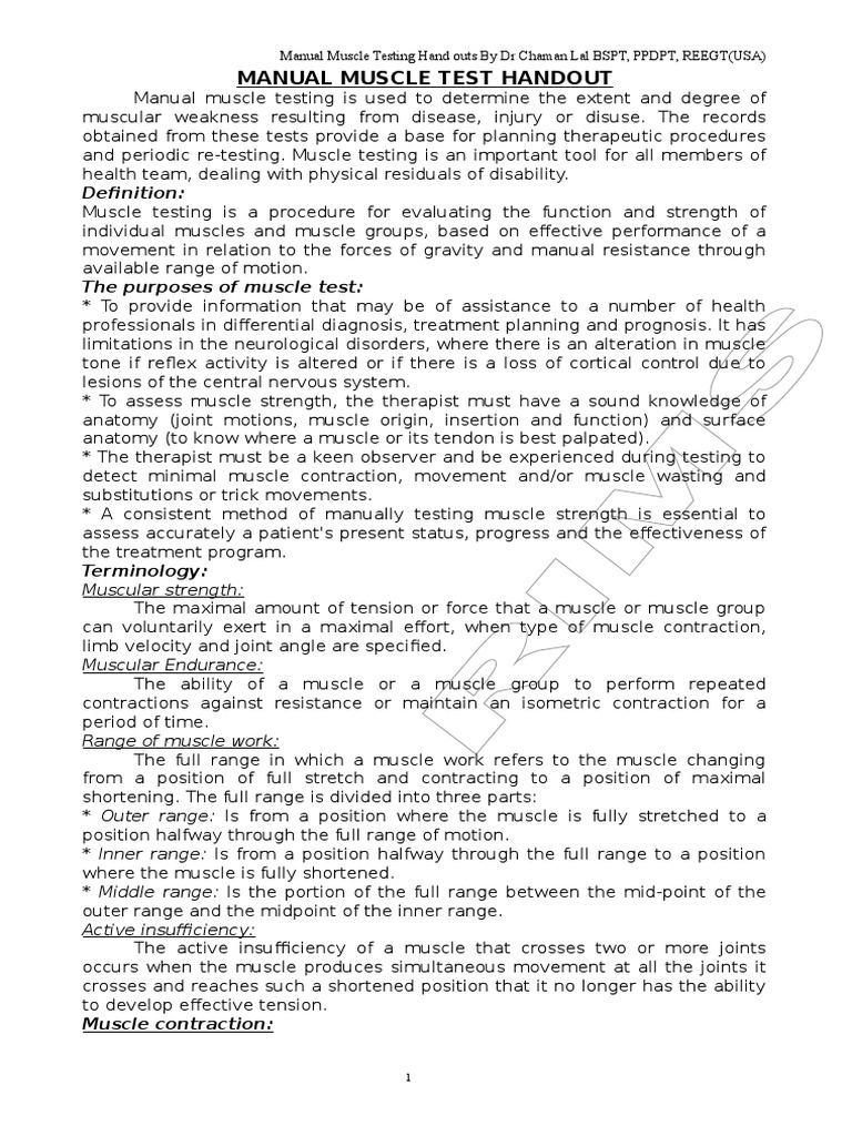 Manual Muscle Test Handout by DR Chaman Lal | PDF | Anatomical Terms Of ...
