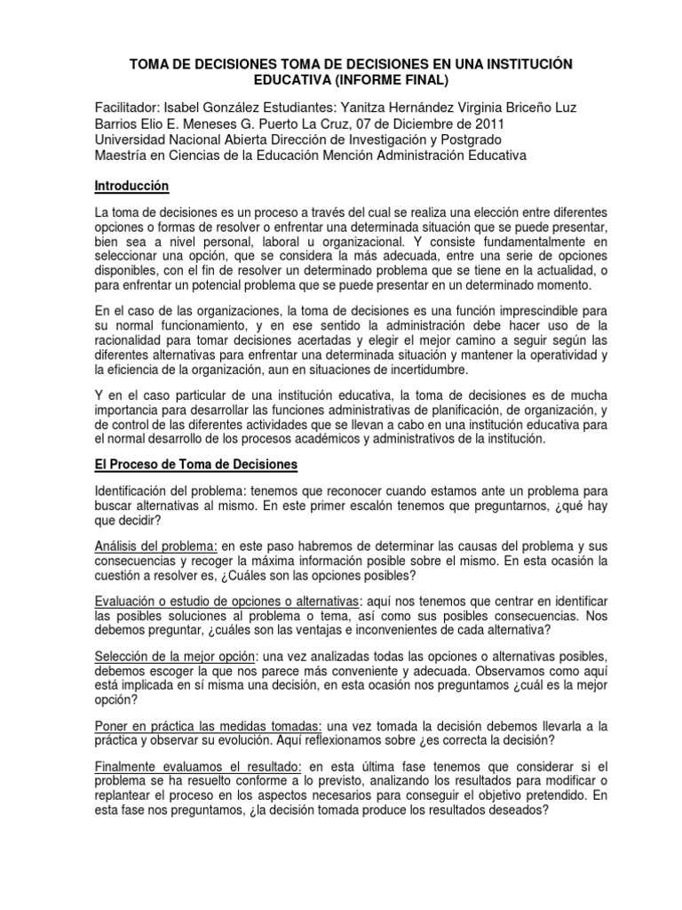 Toma de Decisiones en Instituciones Educativas | PDF | Toma de ...