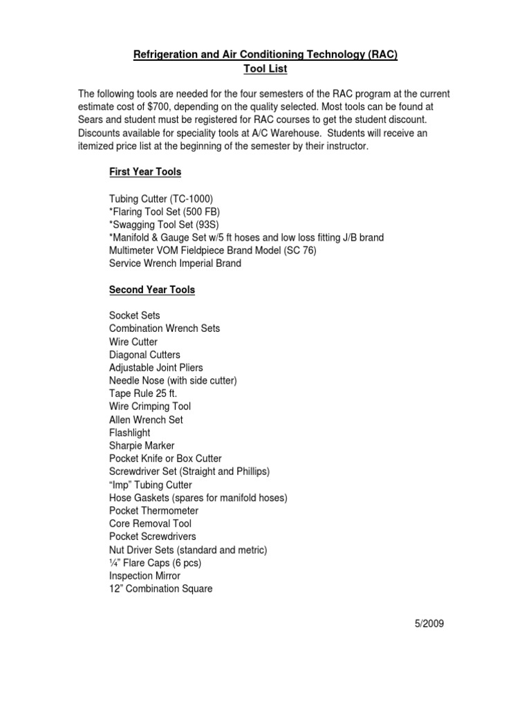 Refrigeration and Air Conditioning Technology (RAC) Tool List | PDF