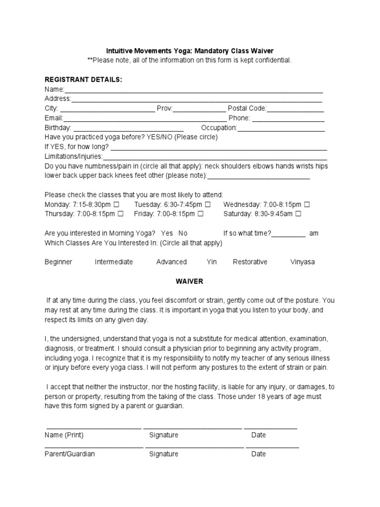 Yoga Class Registration & Waiver Form | PDF