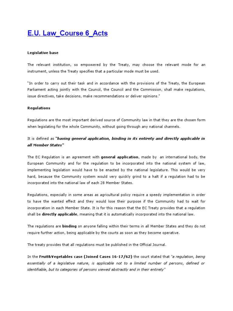E.U. Law Course 6 Acts | PDF | European Union Law | Directive (European ...