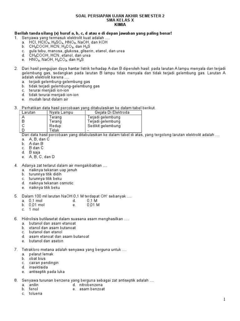 Soal Kimia Kelas x Sma Persiapan Ujian Akhir Semester 2 Soal Kimia Kelas x Sma Persiapan Ujian Akhir Semester 2