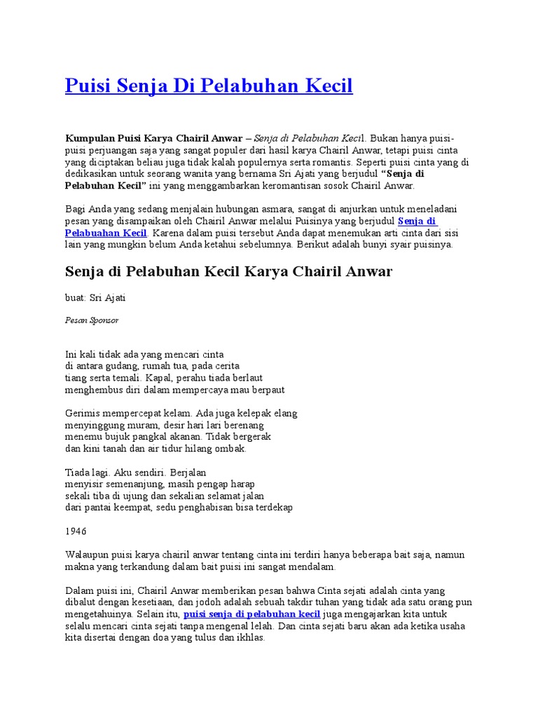 Unsur Intrinsik Puisi Senja Di Pelabuhan Kecil Karya