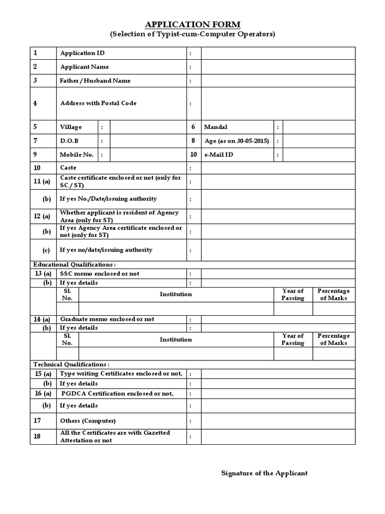 Application Form: (Selection of Typist-cum-Computer Operators) | PDF