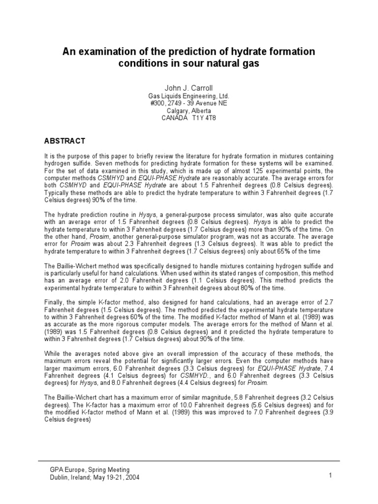 An Examination of The Prediction of Hydrate Formation Conditions in ...