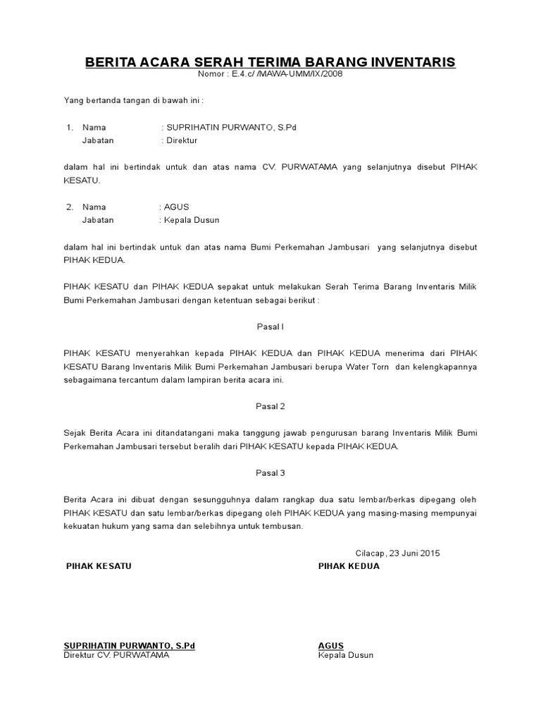 Berita Acara Serah Terima Barang Inventaris