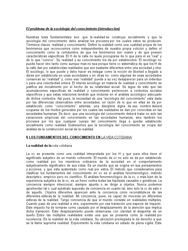Sociología del Conocimiento y Realidad Social | PDF | Realidad ...