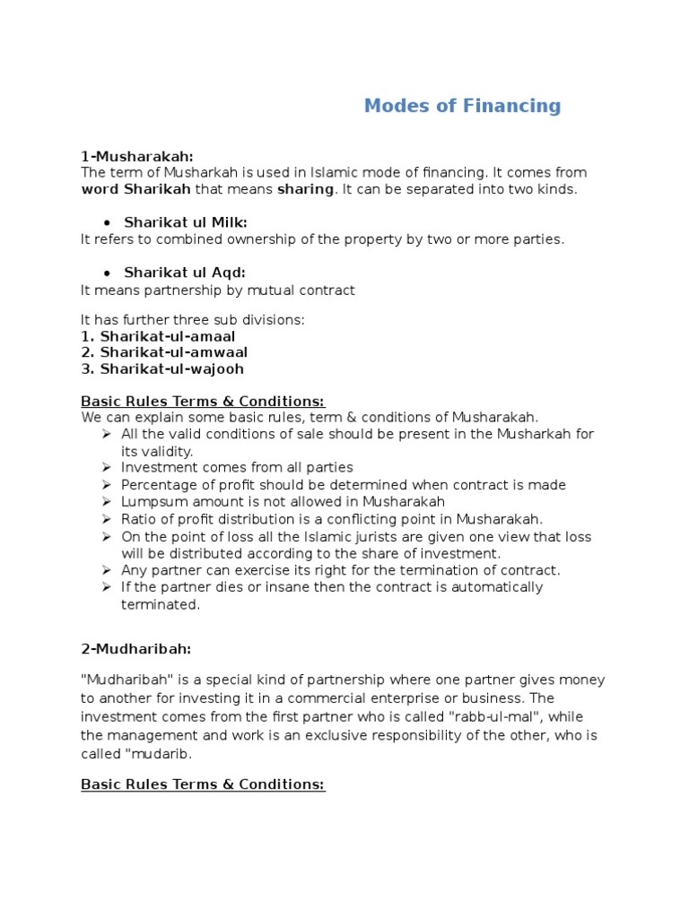 Islamic Modes of Financing Explained | PDF | Islamic Banking And ...