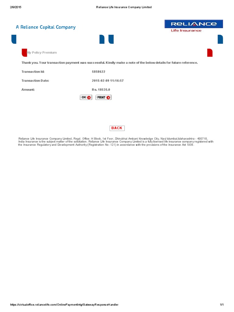 Reliance Life Insurance Payment Confirmation | PDF | Finance & Money ...
