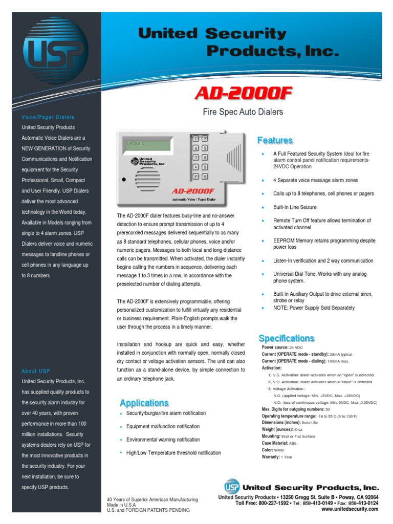 AD-2000F Auto Dialer Overview | PDF | Telephone | Security Alarm