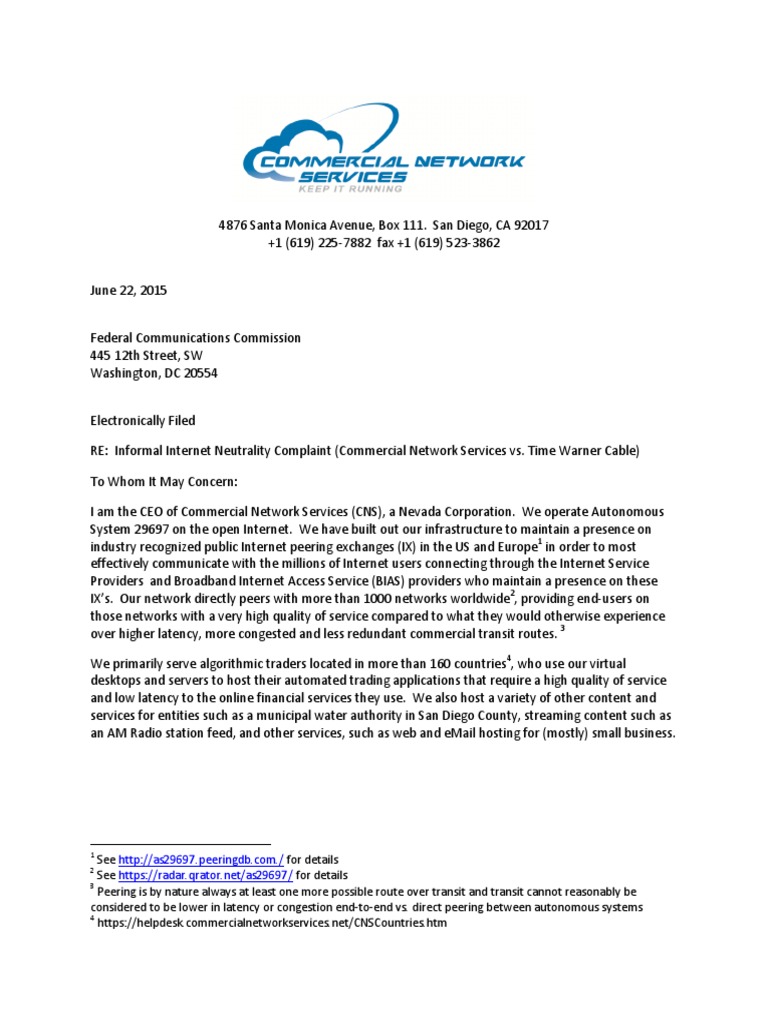 Internet Neutrality Complaint Against TWC | PDF | Internet Service ...