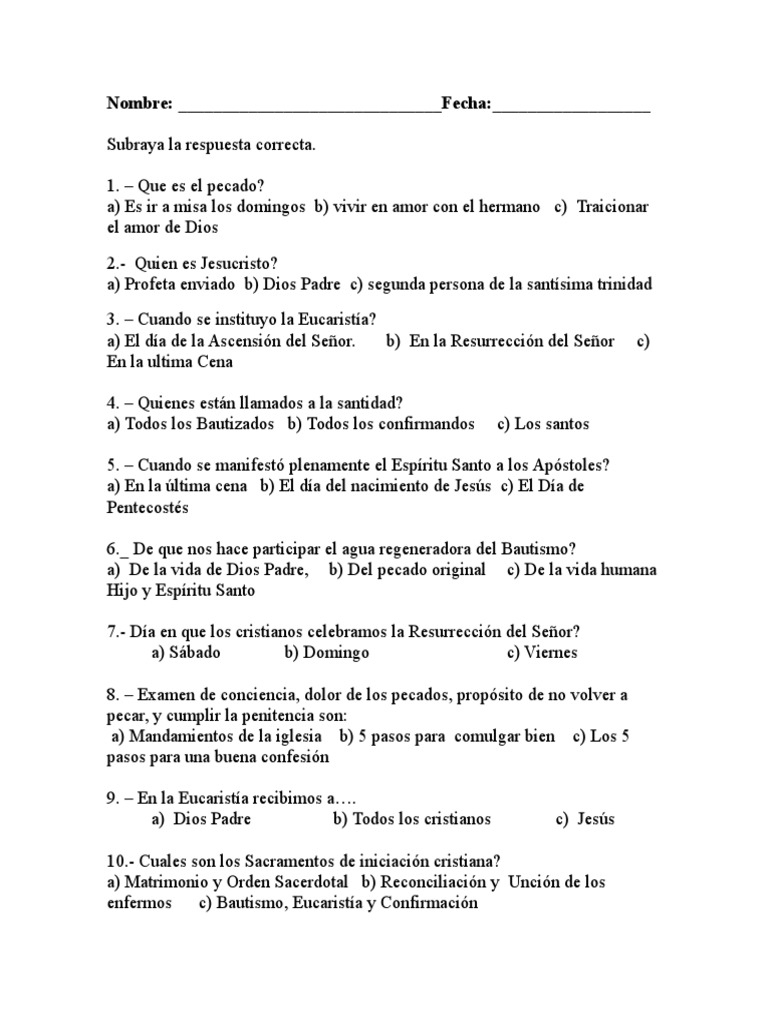Examen Para Ninos De Primera Comunion