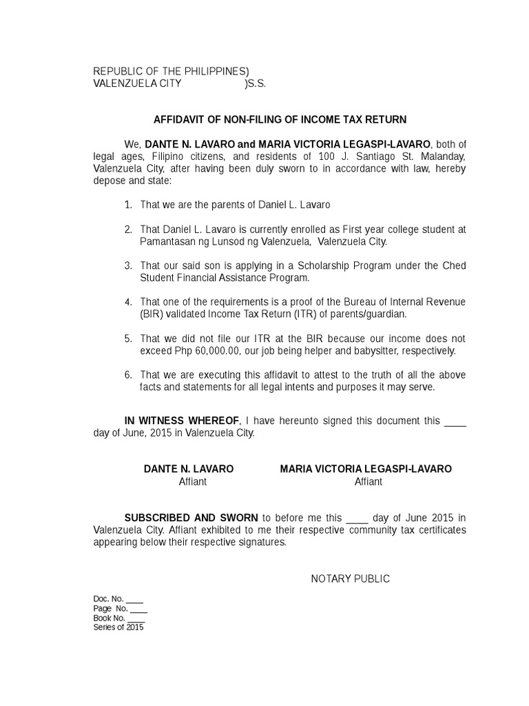 Affidavit of Non Filing of Income Tax | PDF | Affidavit | Payments