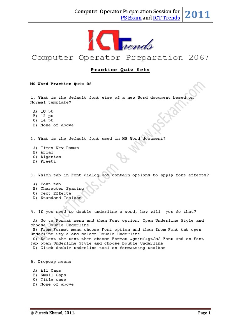 MS Word Practice Quiz with Answers | PDF | Microsoft Word | Typefaces