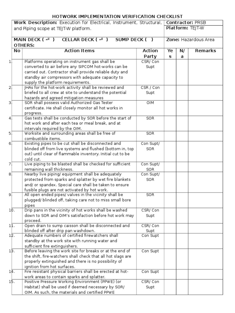 Hotwork Implementation Verification Checklist Rev 5 | PDF | Mechanical ...