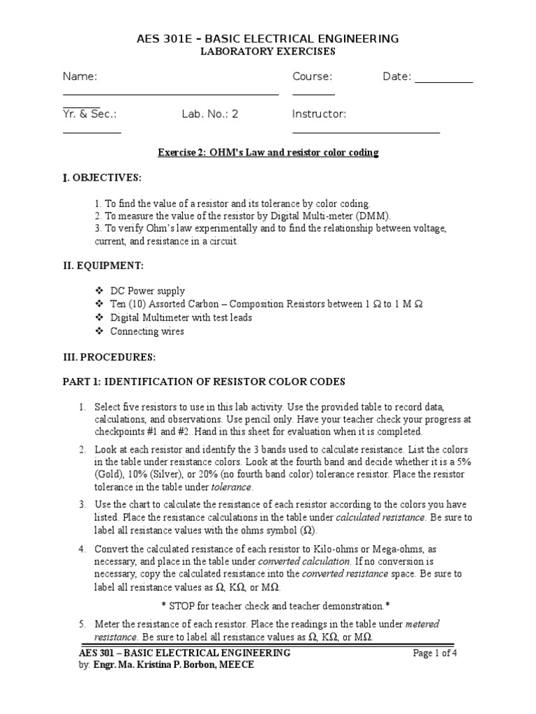 Lab 2 Ohms Law And Resistor Color Coding Pdf Resistor Electrical