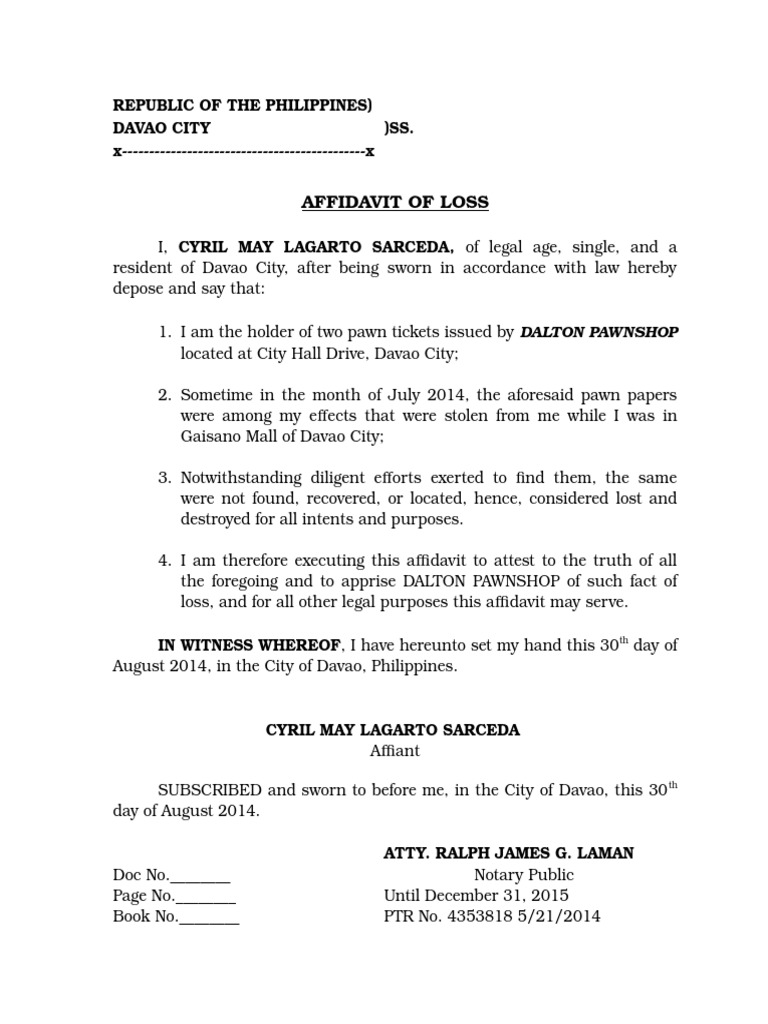 Affidavit of Loss for Pawn Tickets | PDF | Affidavit | Legal Documents