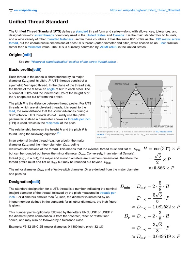 Unified Thread Standard Screw Mechanical Engineering