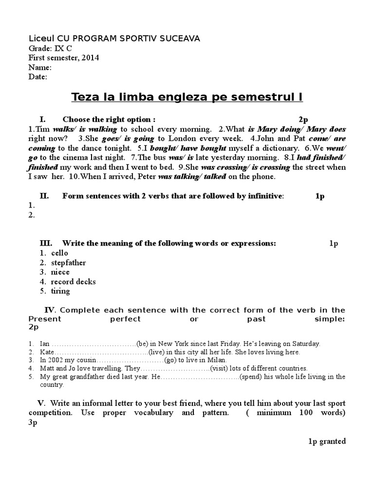 English Exam for IX C Students | PDF