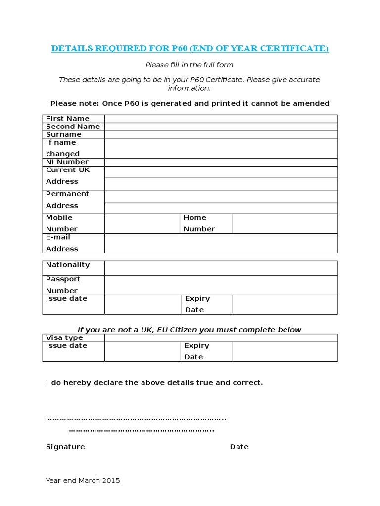 P60 Certificate Information Required | PDF
