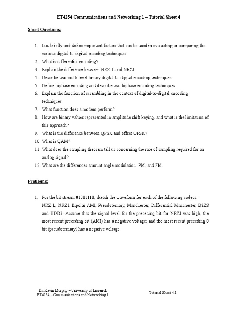 Tutorial Sheet 4 Pdf Signal Electrical Engineering Modulation