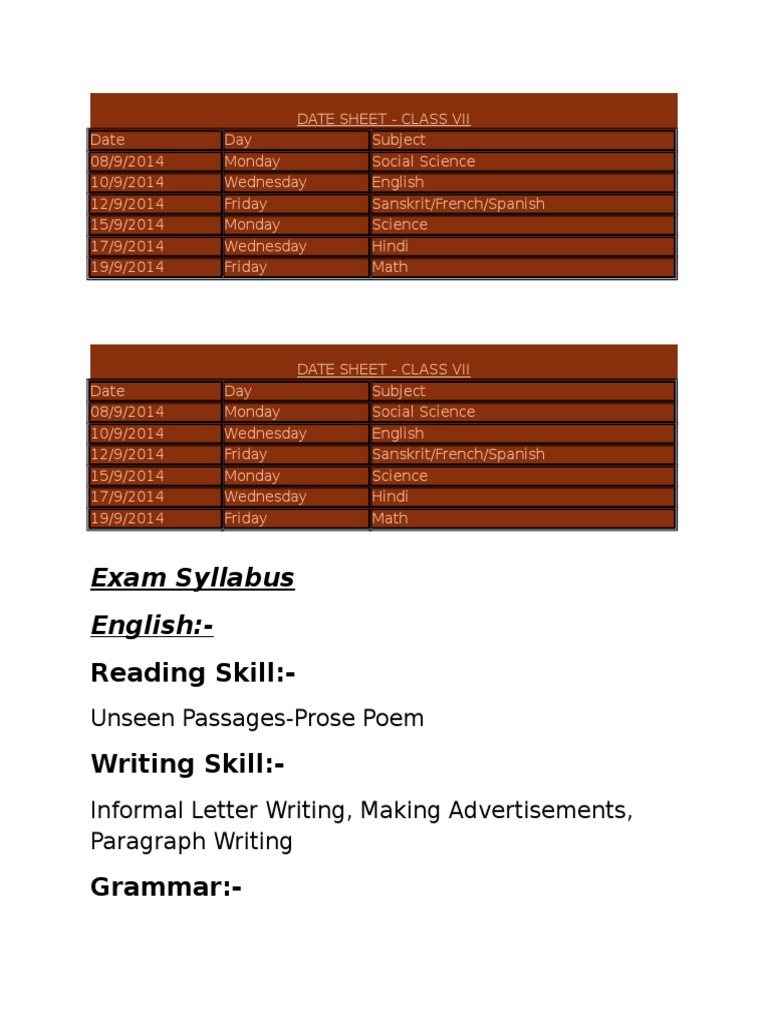 Class 7 Exam Date Sheet and Syllabus | PDF | Grammar | Linguistics