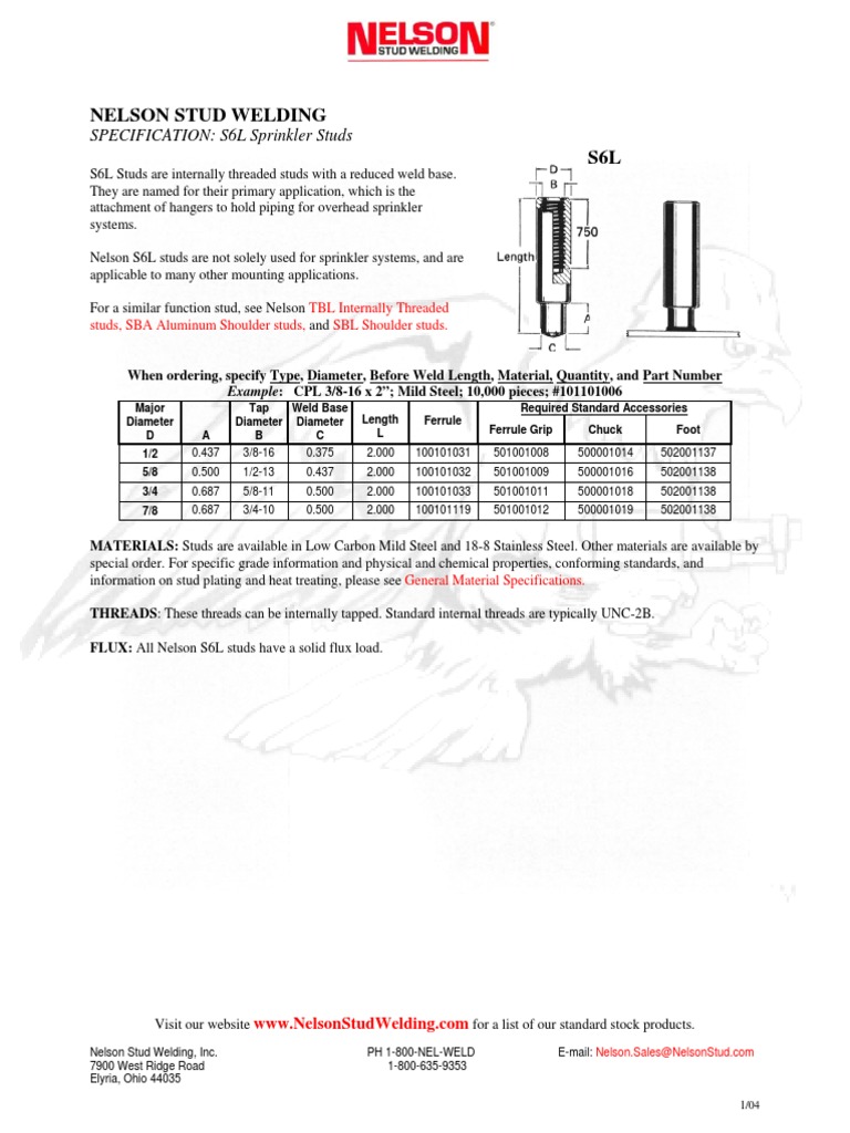 Nelson Stud Welding S6L Sprinkler Studs PDF