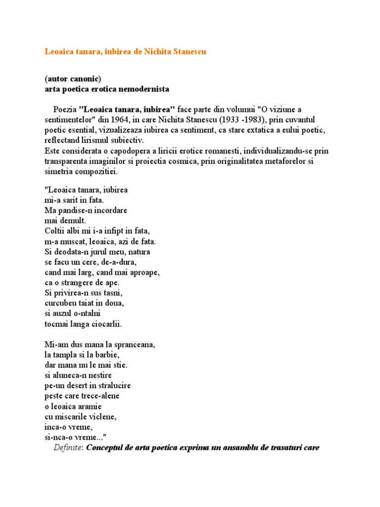 Leoaica Tanara Nichita Stanescu Docx