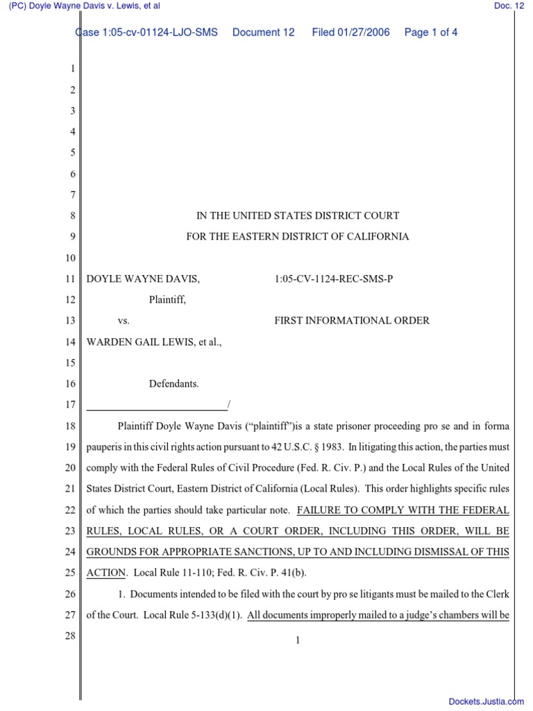 Civil Rights Case Order for Davis | PDF | Discovery (Law) | Complaint